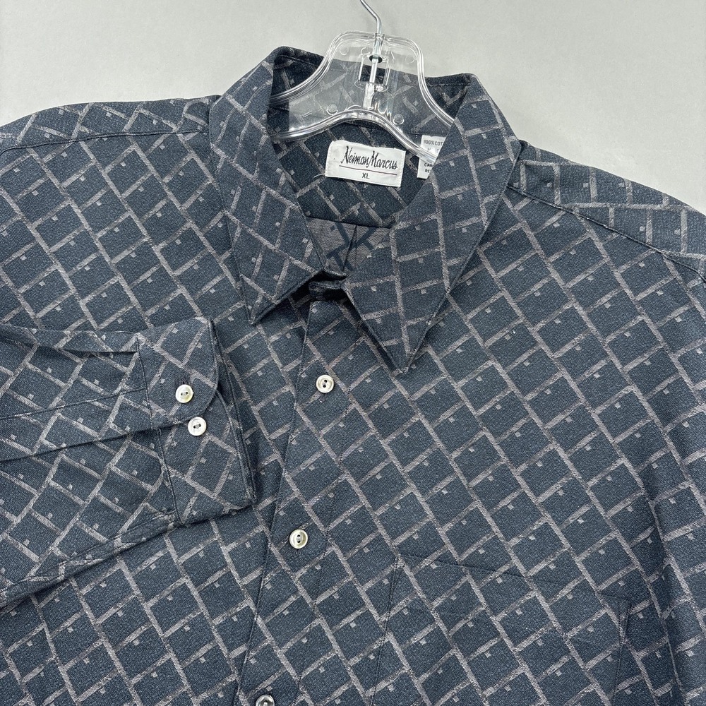 Neiman Marcus Shirt Mens XL Blue Geometric Print Button Up Long Sleeve Vintage